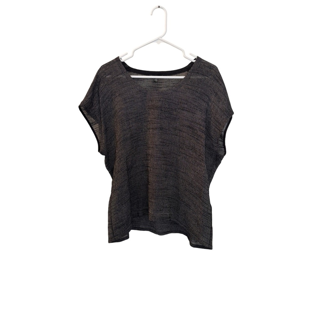 Eileen Fisher Italian Fabric Linen Blend Boxy Knit Top Black White Marled Med
